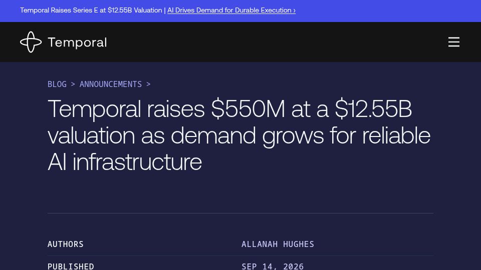 Screenshot of temporal.io: Temporal raises $550M at a $12.55B valuation