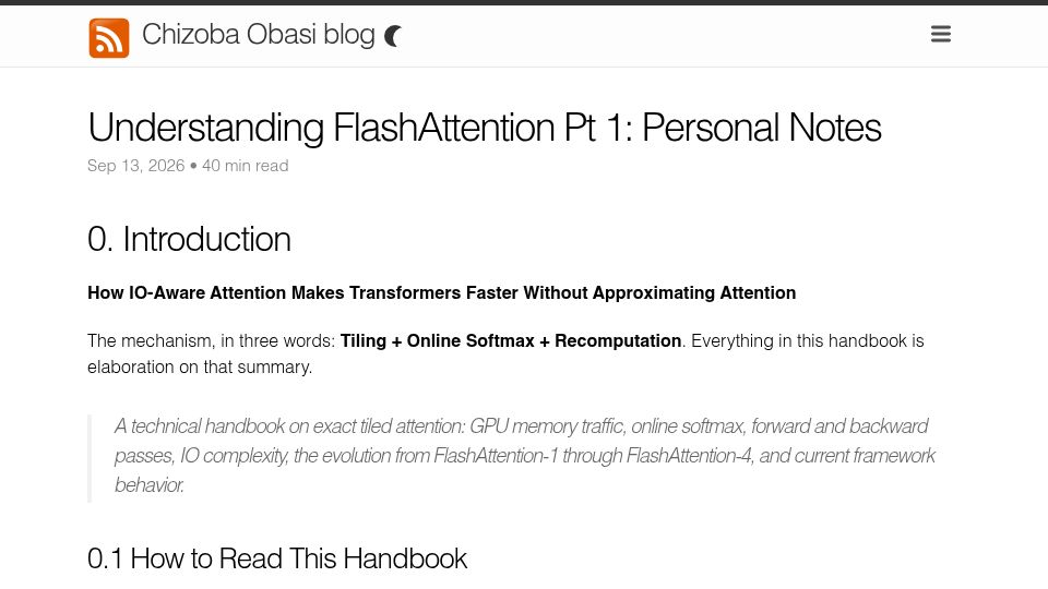 Screenshot of chizkidd.github.io: Understanding FlashAttention Pt 1: Personal Notes