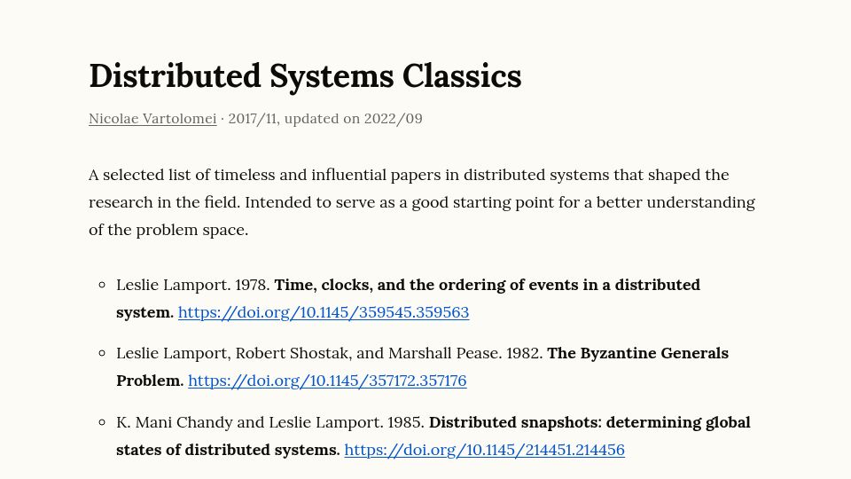 Screenshot of nvartolomei.com: Distributed Systems Classics (2017)
