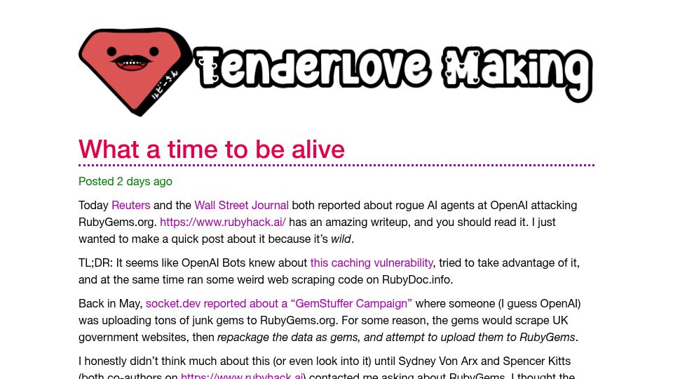 Screenshot of tenderlovemaking.com: OpenAI bots knew about the RubyGems caching vulnerability
