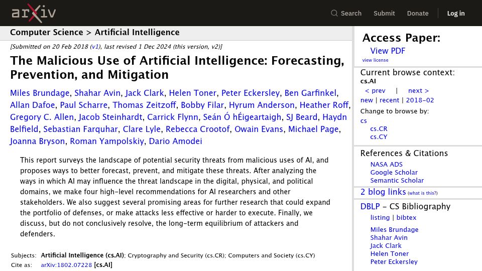 Screenshot of arxiv.org: The Malicious Use of Artificial Intelligence
