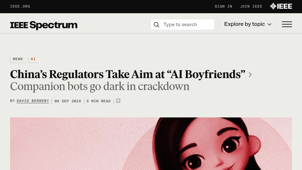 Screenshot of spectrum.ieee.org: China's Regulators Take Aim at "AI Boyfriends"