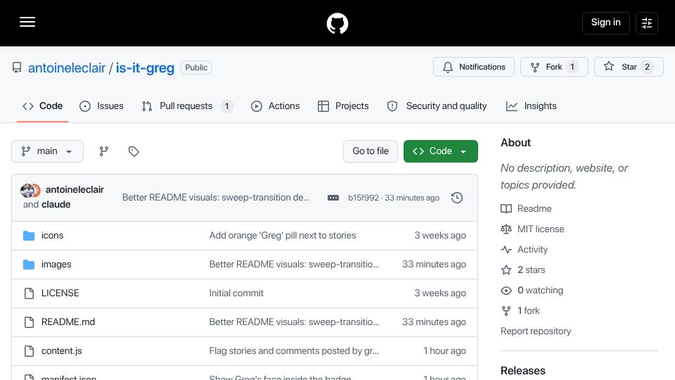 Screenshot of github.com: Show HN: Is It Greg?