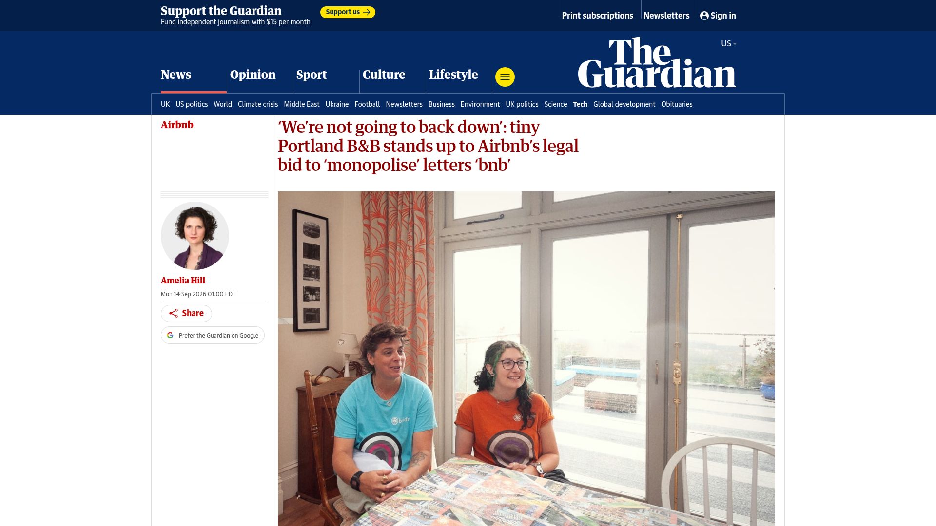 Screenshot of theguardian.com: Airbnb Preventing the Use of BnB