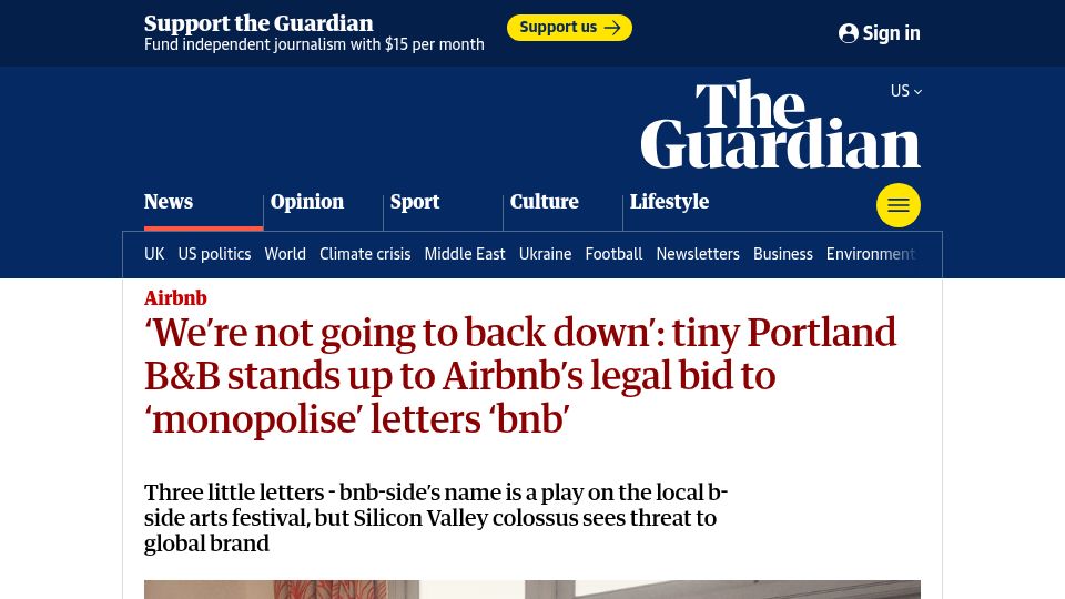 Screenshot of theguardian.com: Airbnb Preventing the Use of BnB