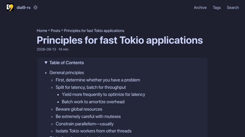 Screenshot of dial9-rs.github.io: Principles for Fast Tokio Applications