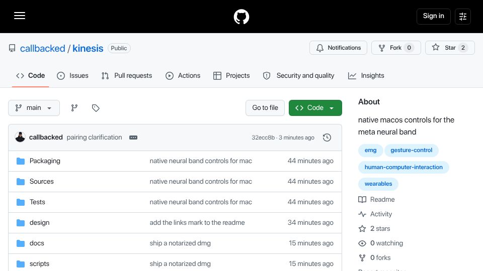 Screenshot of github.com: Show HN: Kinesis – Control your Mac with the Meta Neural Band