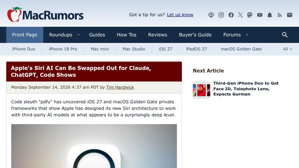 Screenshot of macrumors.com: Apple's Siri AI Can Be Swapped Out for Claude, ChatGPT, Code Shows