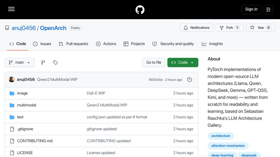 Screenshot of github.com: OpenArch – PyTorch implementations of modern LLM architectures