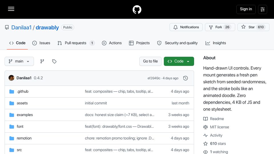 Screenshot of github.com: Drawably: Hand-Drawn UI Controls