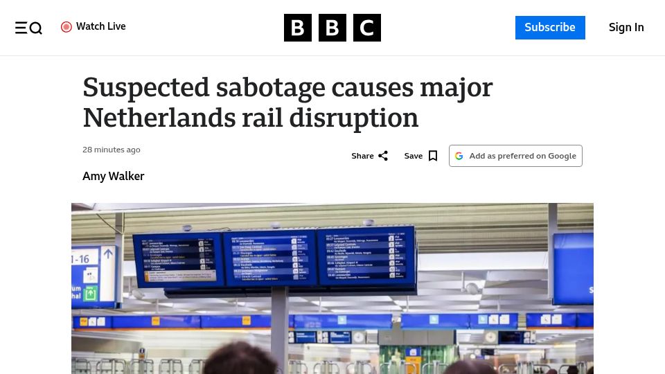 Screenshot of bbc.com: Suspected sabotage causes major Netherlands rail disruption