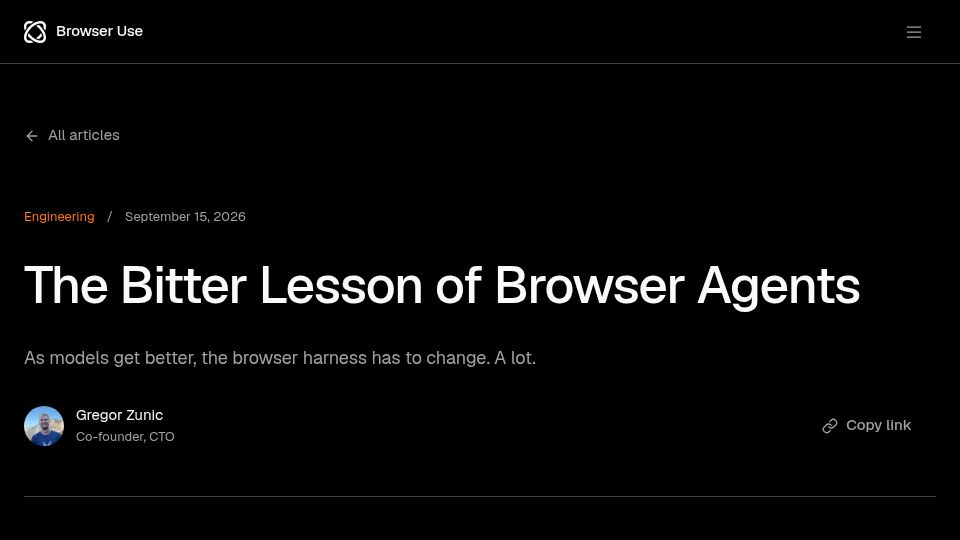 Screenshot of browser-use.com: The bitter lesson of browser agents