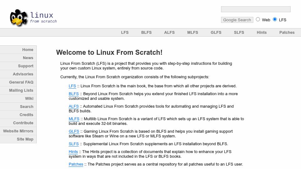 Screenshot of linuxfromscratch.org: Linux from Scratch