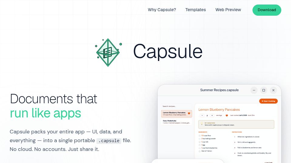 Screenshot of withcapsule.app: Show HN: Capsule – Single-file web apps that save their data into SQLite