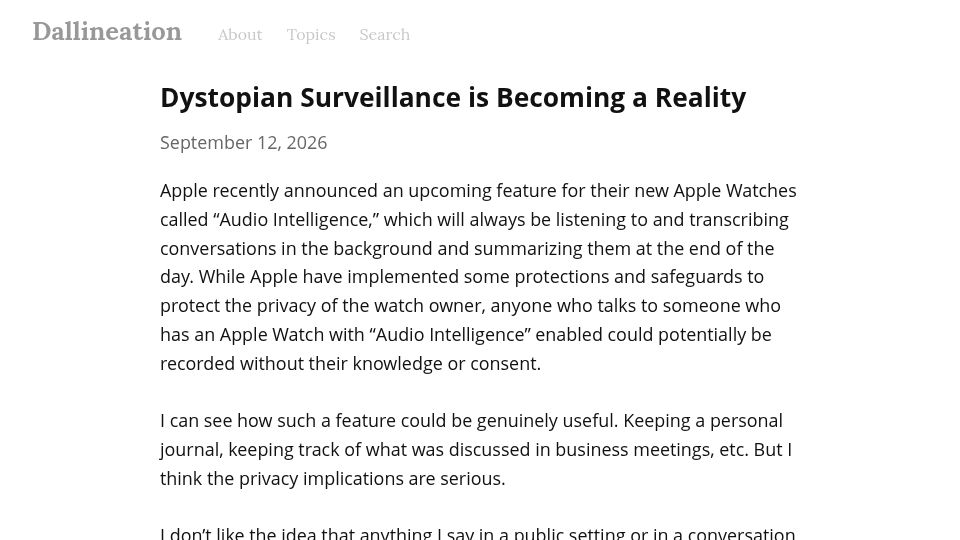 Screenshot of dallincrump.com: Dystopian Surveillance Is Becoming a Reality