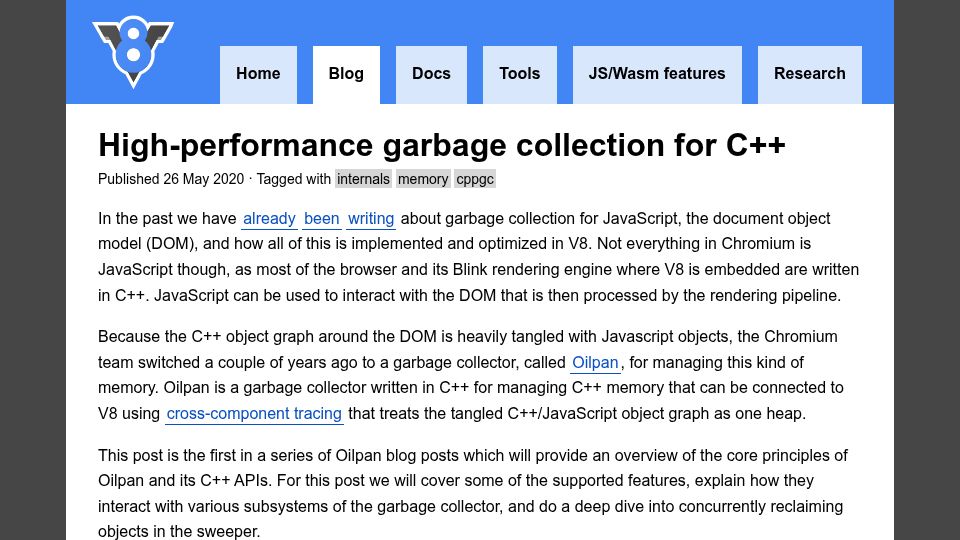 Screenshot of v8.dev: High-performance garbage collection for C++