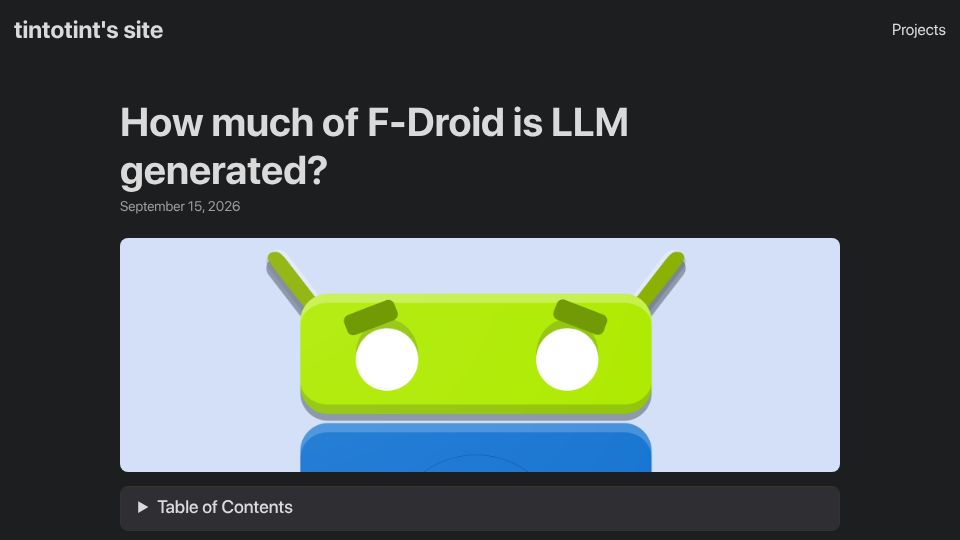 Screenshot of tintotint.eu: How much of F-Droid is LLM generated?
