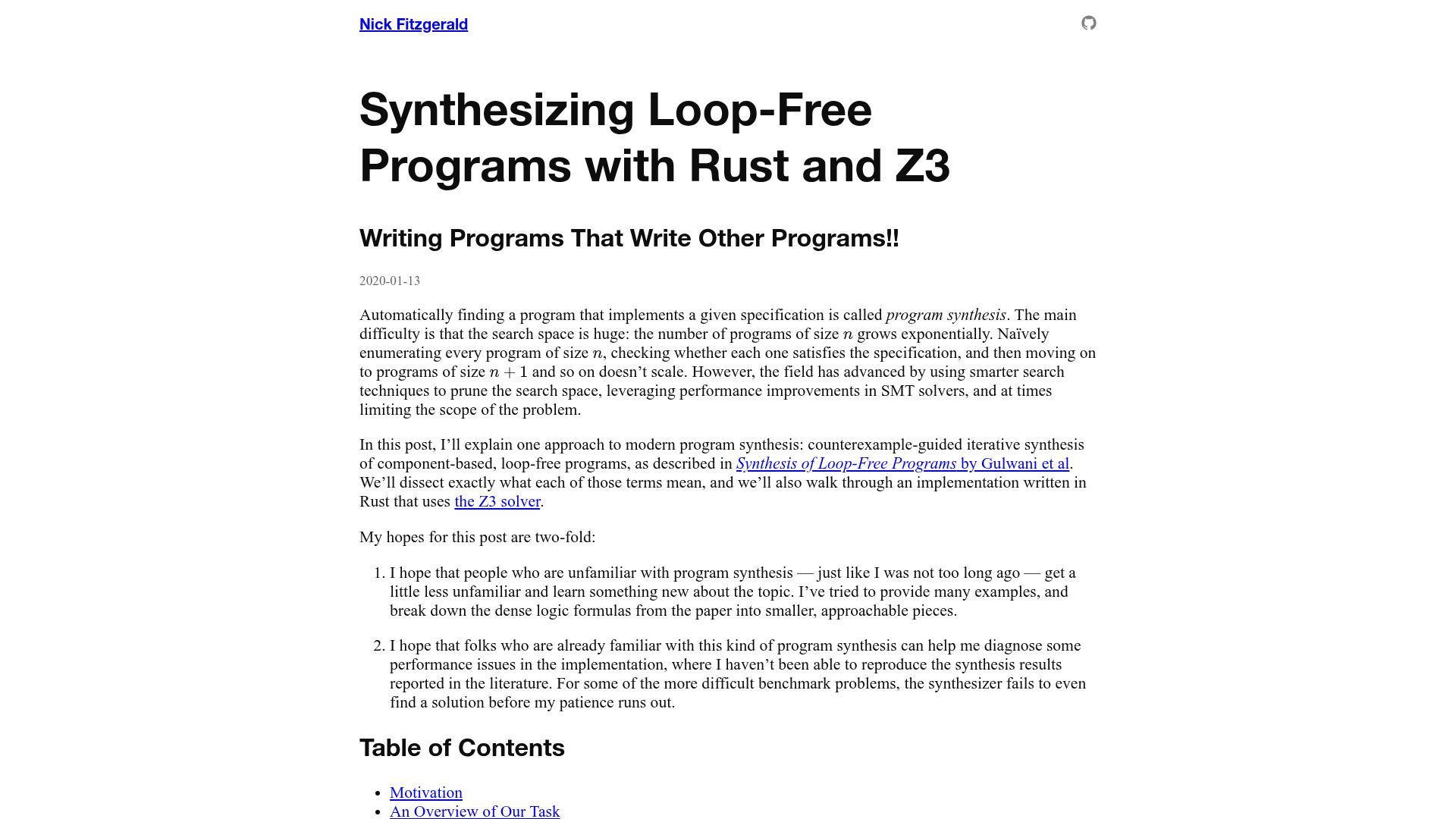 Screenshot of fitzgen.com: Synthesizing Loop-Free Programs with Rust and Z3 (2020)
