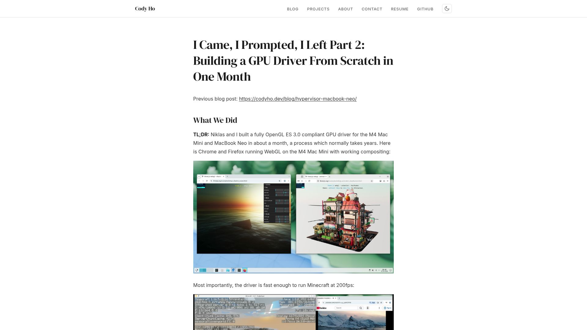 Screenshot of codyho.dev: Building a Linux GPU Driver for the M4 Mac Mini in One Month