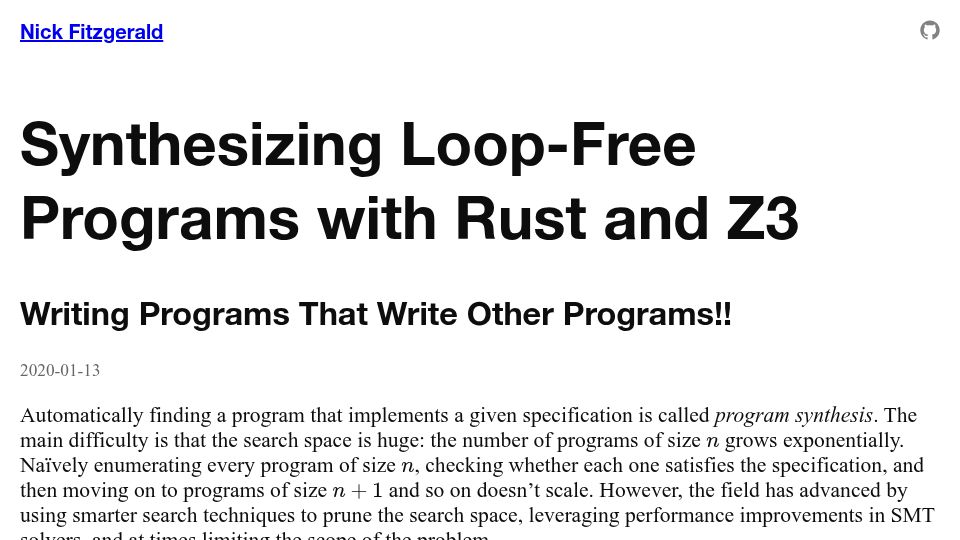 Screenshot of fitzgen.com: Synthesizing Loop-Free Programs with Rust and Z3 (2020)