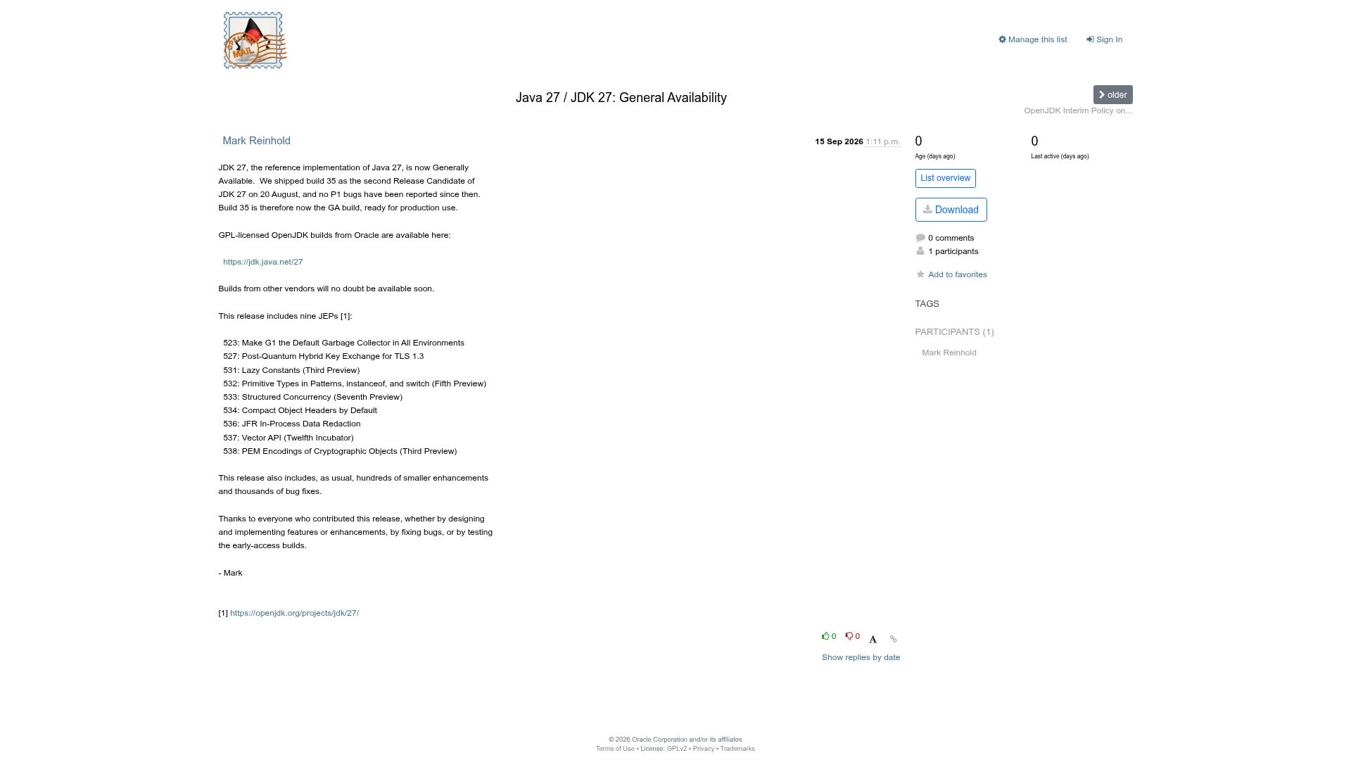 Screenshot of mail.openjdk.org: Java 27