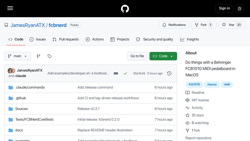 Screenshot of github.com: Show HN: Macros with a Behringer FCB1010 MIDI Pedalboard in macOS