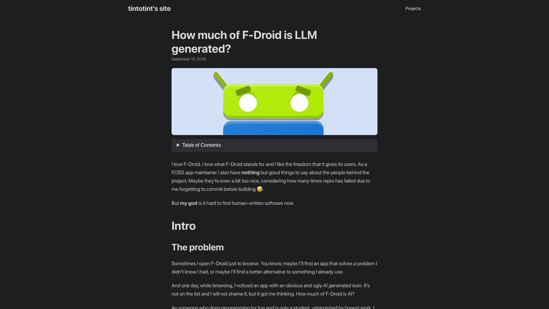 Screenshot of tintotint.eu: How much of F-Droid is LLM generated?