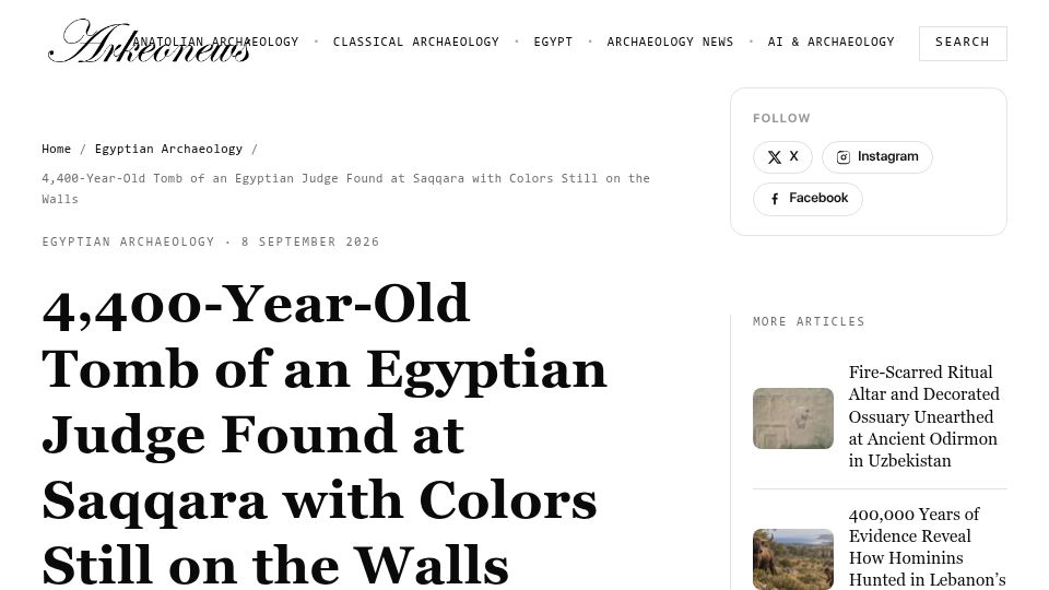 Screenshot of arkeonews.net: 4,400-Year-Old Tomb of Egyptian Judge Found at Saqqara with Colors on Walls