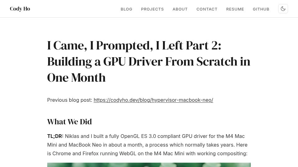 Screenshot of codyho.dev: Building a Linux GPU Driver for the M4 Mac Mini in One Month