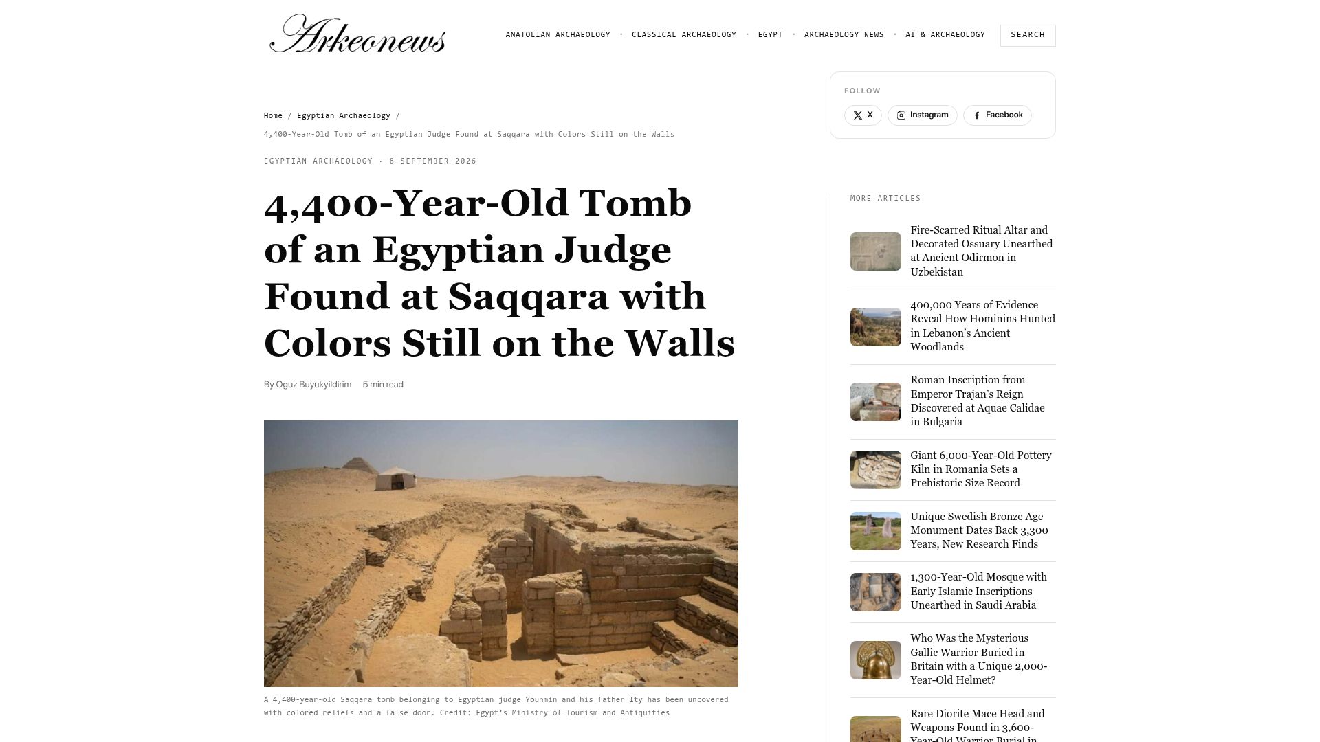 Screenshot of arkeonews.net: 4,400-Year-Old Tomb of Egyptian Judge Found at Saqqara with Colors on Walls