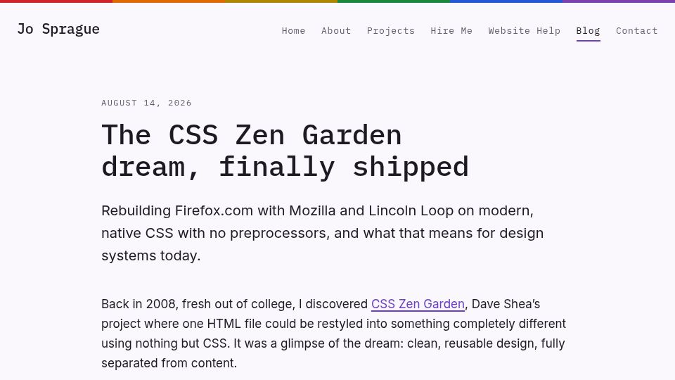 Screenshot of josprague.com: The CSS Zen Garden dream, finally shipped