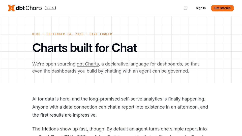 Screenshot of dbtcharts.com: Charts built for Chat
