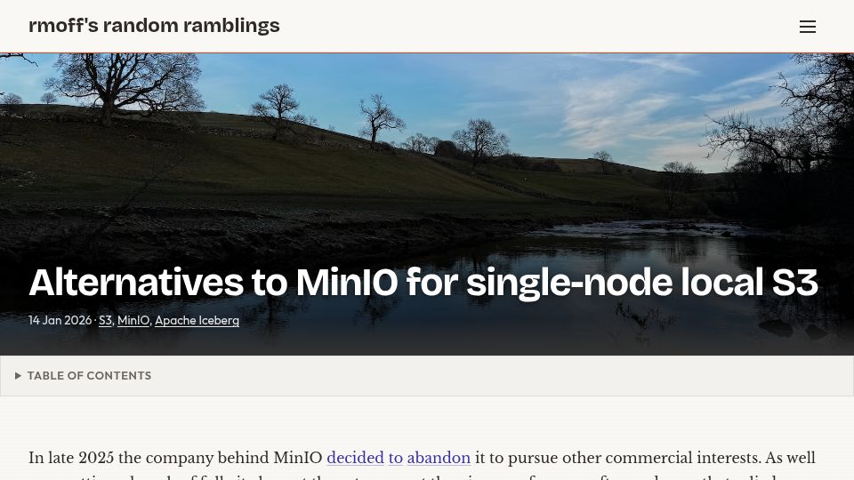 Screenshot of rmoff.net: Alternatives to MinIO for single-node local S3