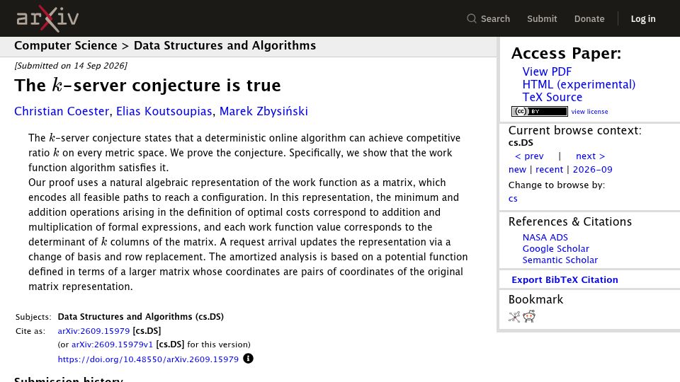 Screenshot of arxiv.org: The k-server conjecture is true