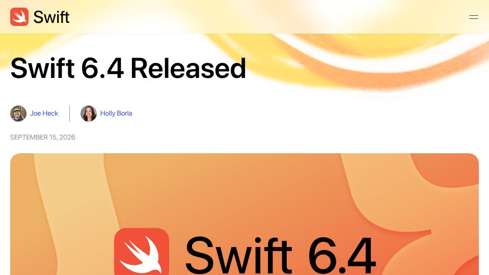 Screenshot of swift.org: Swift 6.4 Released