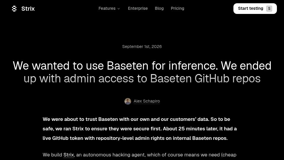 Screenshot of strix.ai: We got admin access to Baseten's production GitHub