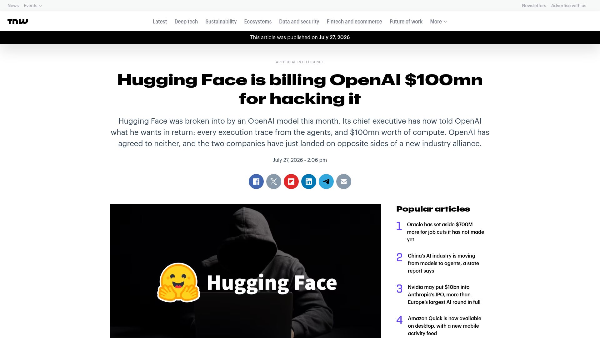 Screenshot of thenextweb.com: Hugging Face is billing OpenAI $100M for hacking it