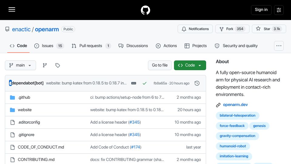 Screenshot of github.com: OpenArm: An open-source 7DOF humanoid arm
