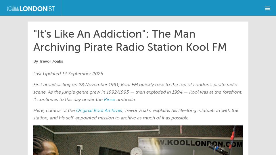 Screenshot of londonist.com: Archiving pirate radio station Kool FM