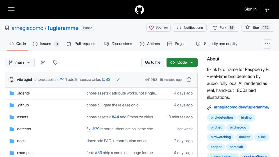 Screenshot of github.com: Show HN: An e-ink frame that hears birds and draws them as 1800s illustrations