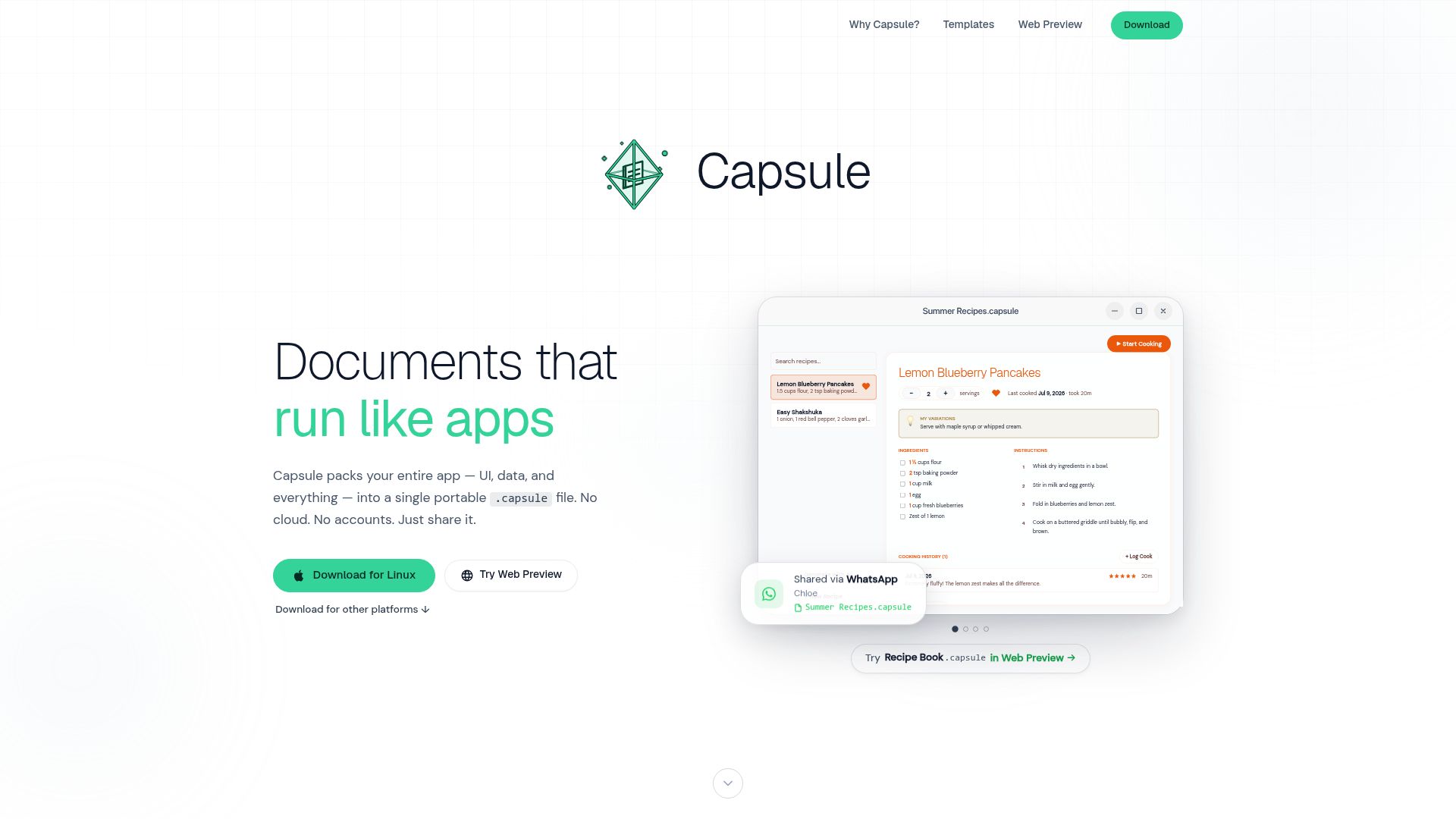 Screenshot of withcapsule.app: Show HN: Capsule – Single-file web apps that save their data into SQLite