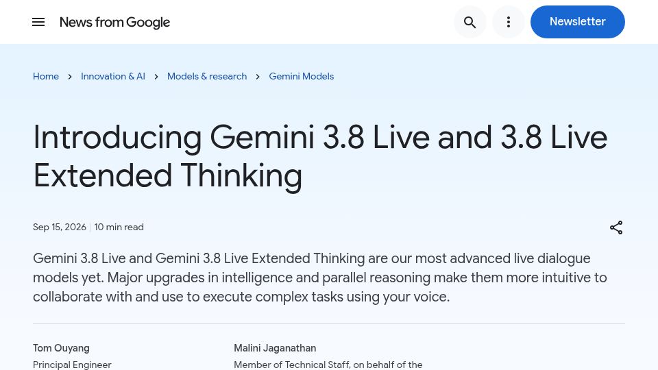 Screenshot of blog.google: Gemini 3.8 Live and 3.8 Live Extended Thinking
