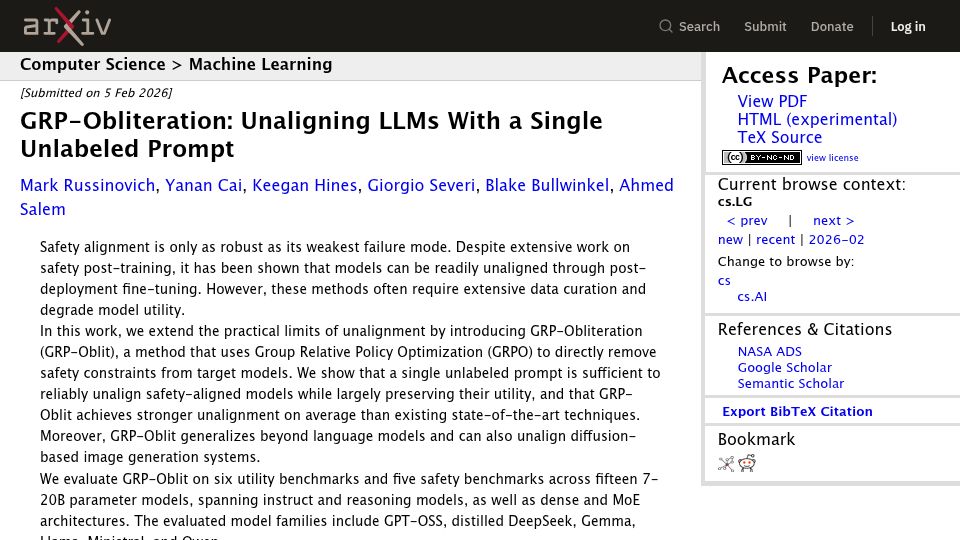 Screenshot of arxiv.org: GRP-Obliteration: Unaligning LLMs with a Single Unlabeled Prompt