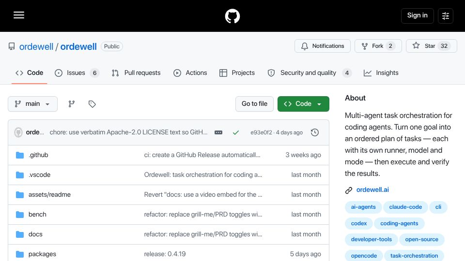 Screenshot of github.com: Show HN: Ordewell – turn one goal into an ordered plan of coding-agent tasks