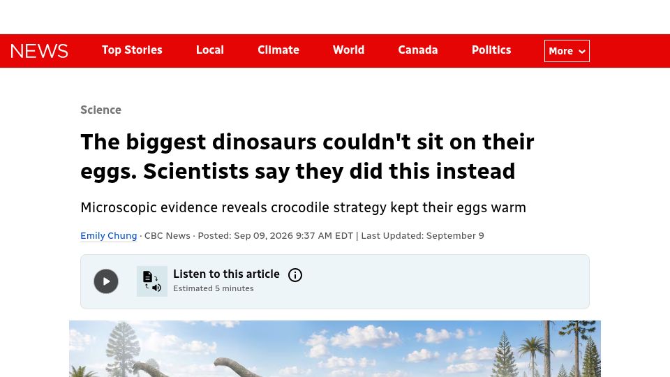 Screenshot of cbc.ca: The biggest dinosaurs couldn't sit on their eggs