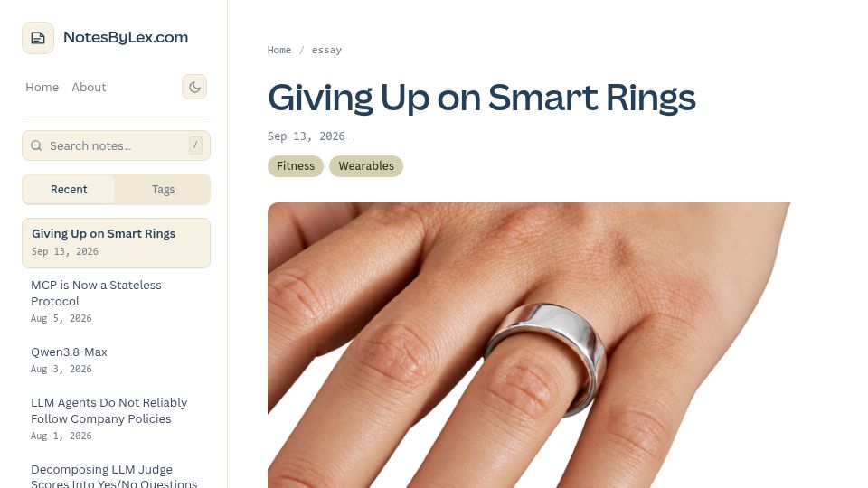 Screenshot of notesbylex.com: Giving up on smart rings