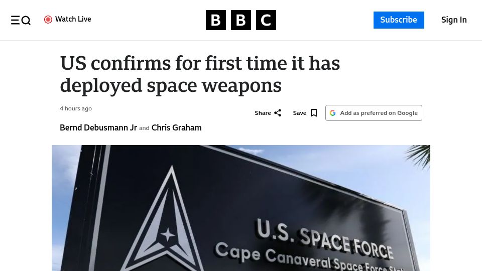 Screenshot of bbc.com: US confirms for first time it has deployed space weapons