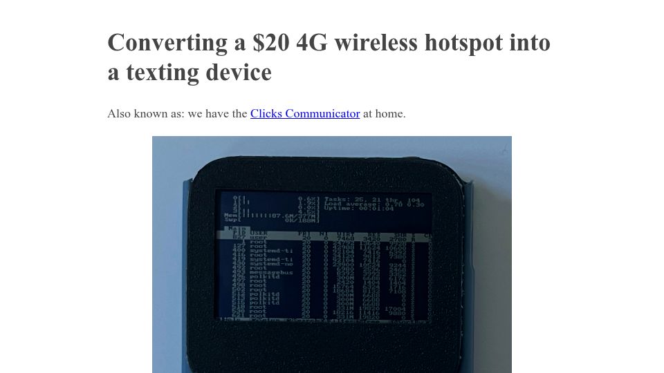 Screenshot of bkovac.github.io: Show HN: Hacking a $20 4G wireless hotspot into a texting device