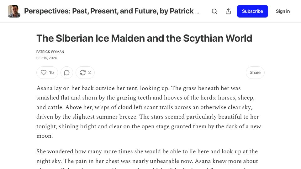 Screenshot of patrickwyman.substack.com: The Siberian Ice Maiden and the Scythian World