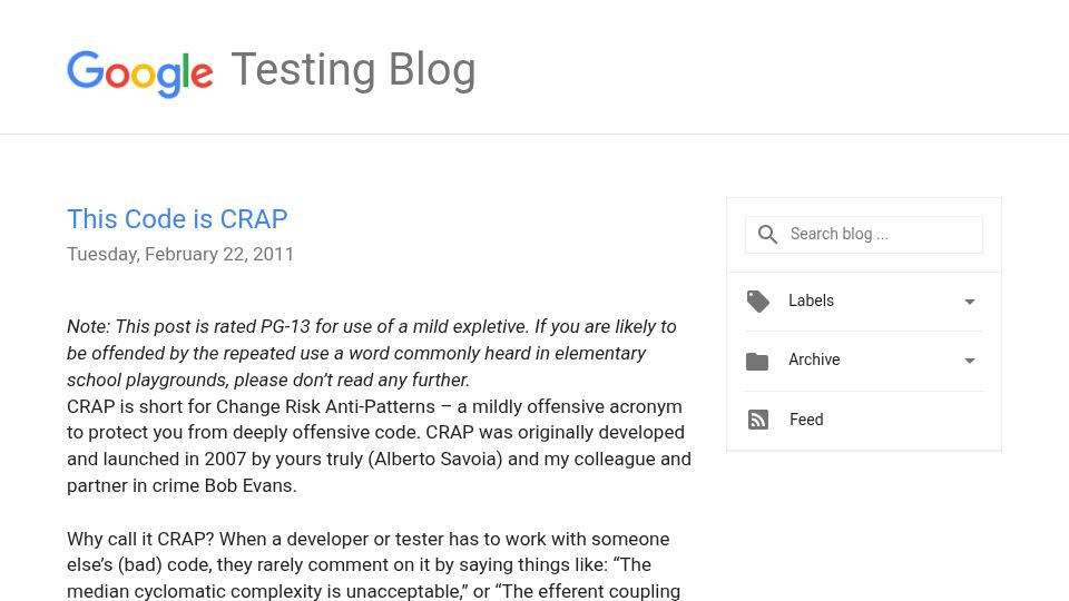 Screenshot of testing.googleblog.com: This Code Is CRAP (2011)